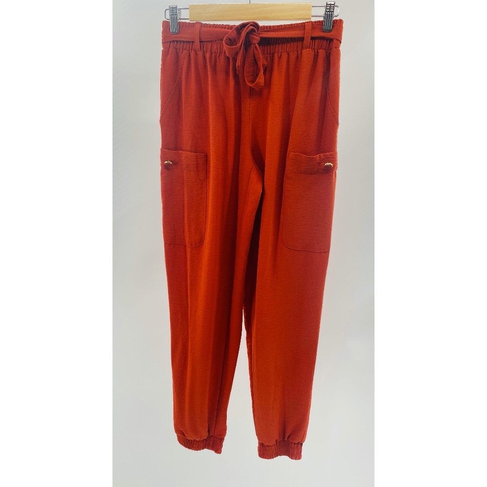 NYCC Stretch Rust Belted JoggerStyle Pants Faux Pockets